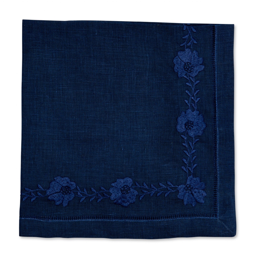 Floral Petal Scallop Embroidered Napkin Navy