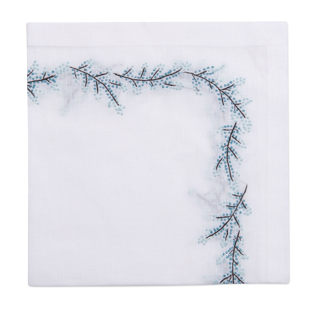 Floral Branch Embroidered Napkin Aqua