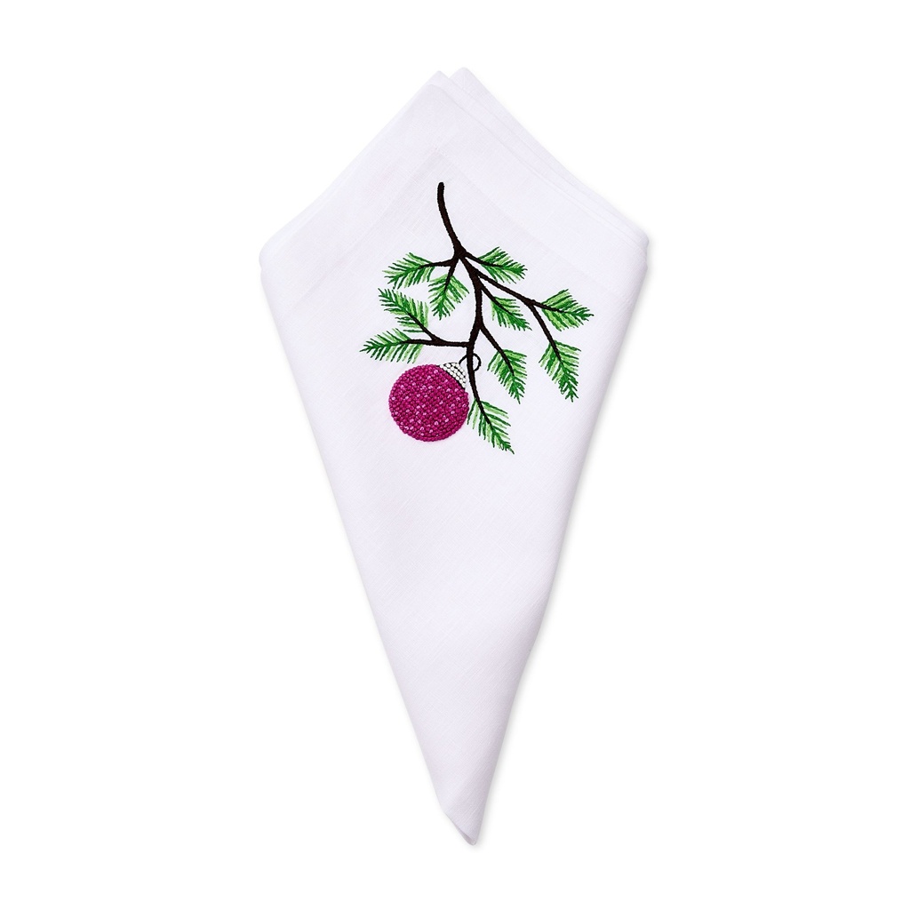 White Holiday Ornament Embroidered Napkin
