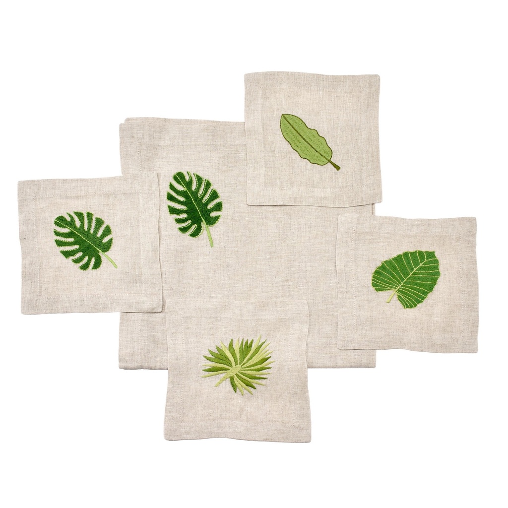 Flax Palm Leaves Embroidered Cocktail Napkin (Set of 4)
